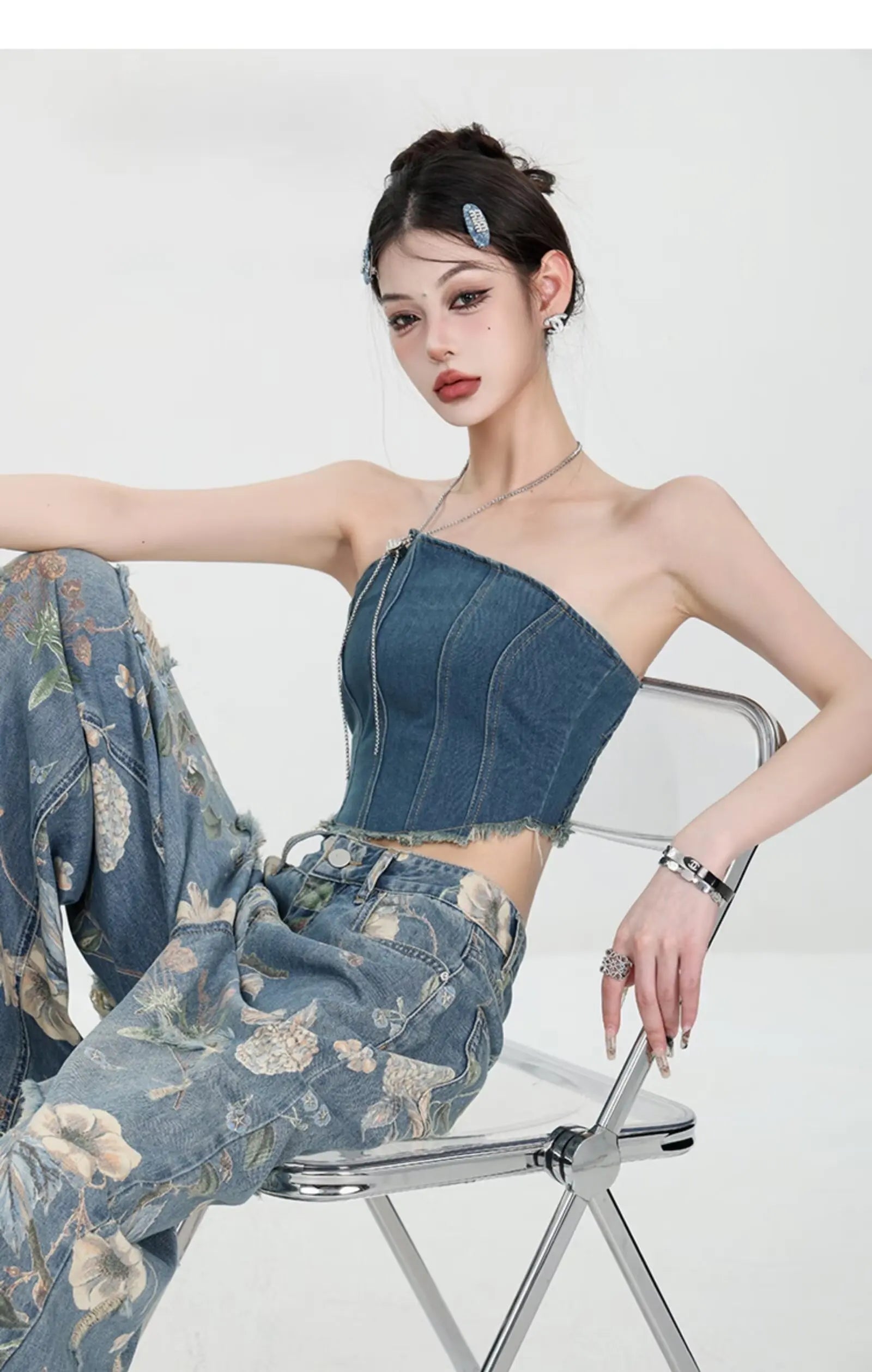Floral Distressed Wide-Leg Denim Jeans