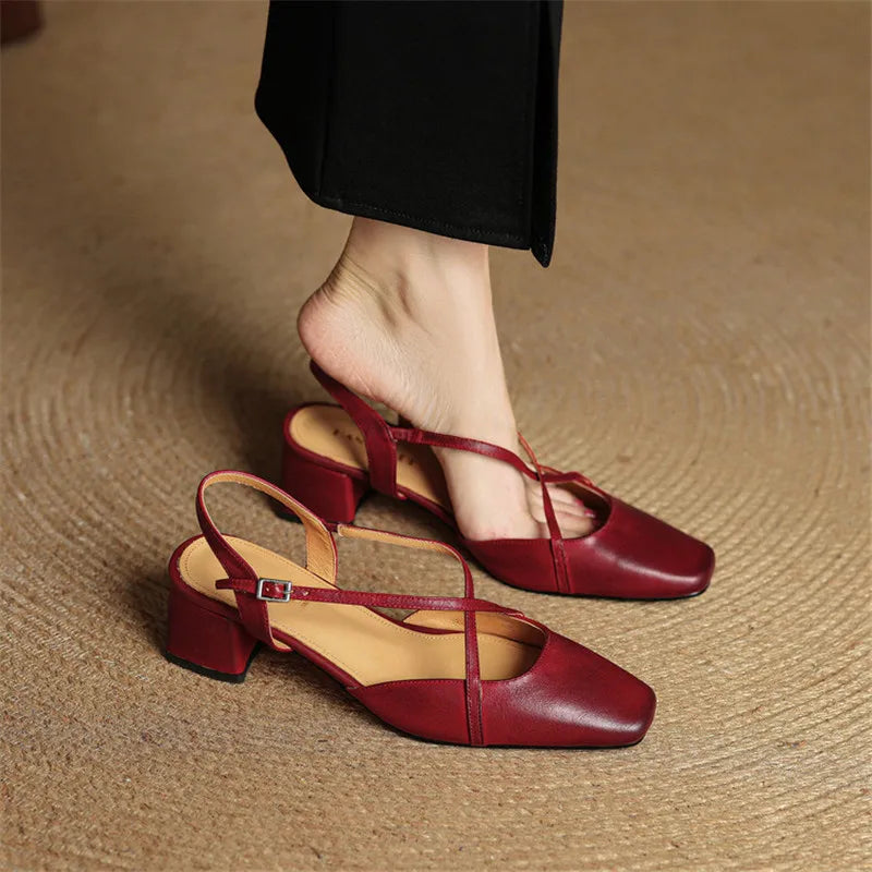 Genuine Leather Closed-Toe Block Heel Pumps