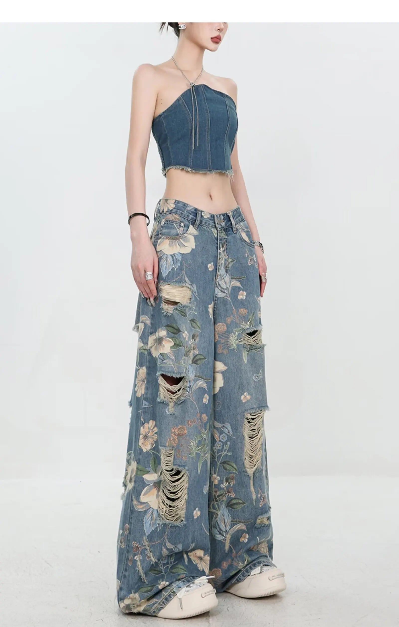 Floral Distressed Wide-Leg Denim Jeans