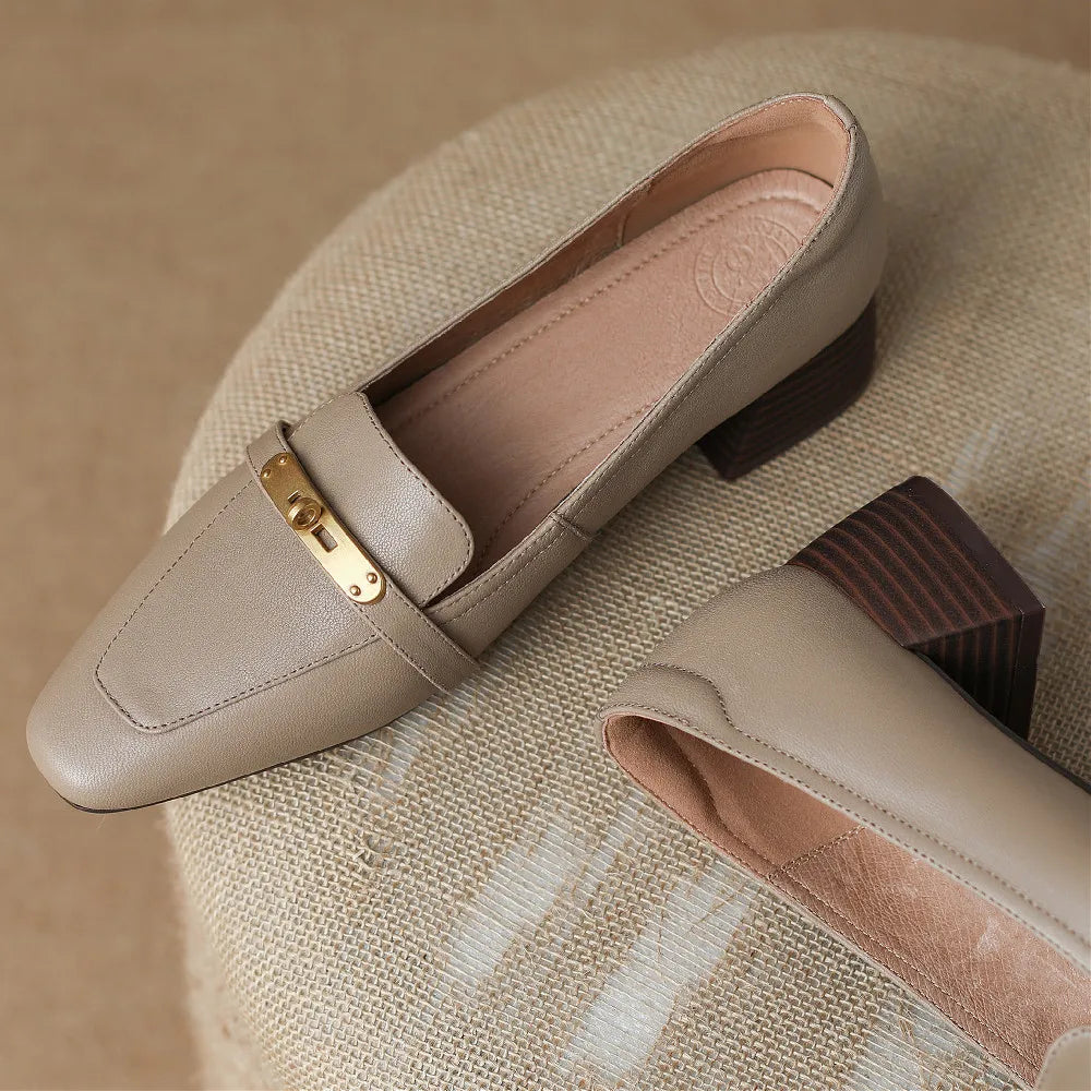 Square Toe Genuine Leather Low Block Heel Pumps
