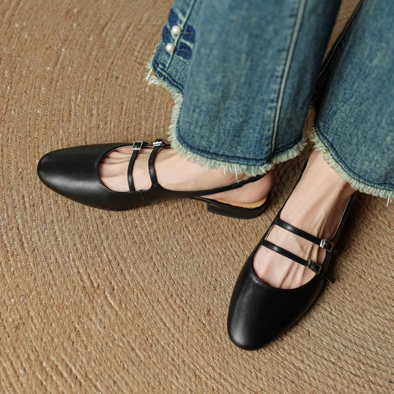 Genuine Leather Double Strap Slingback Ballet Flats