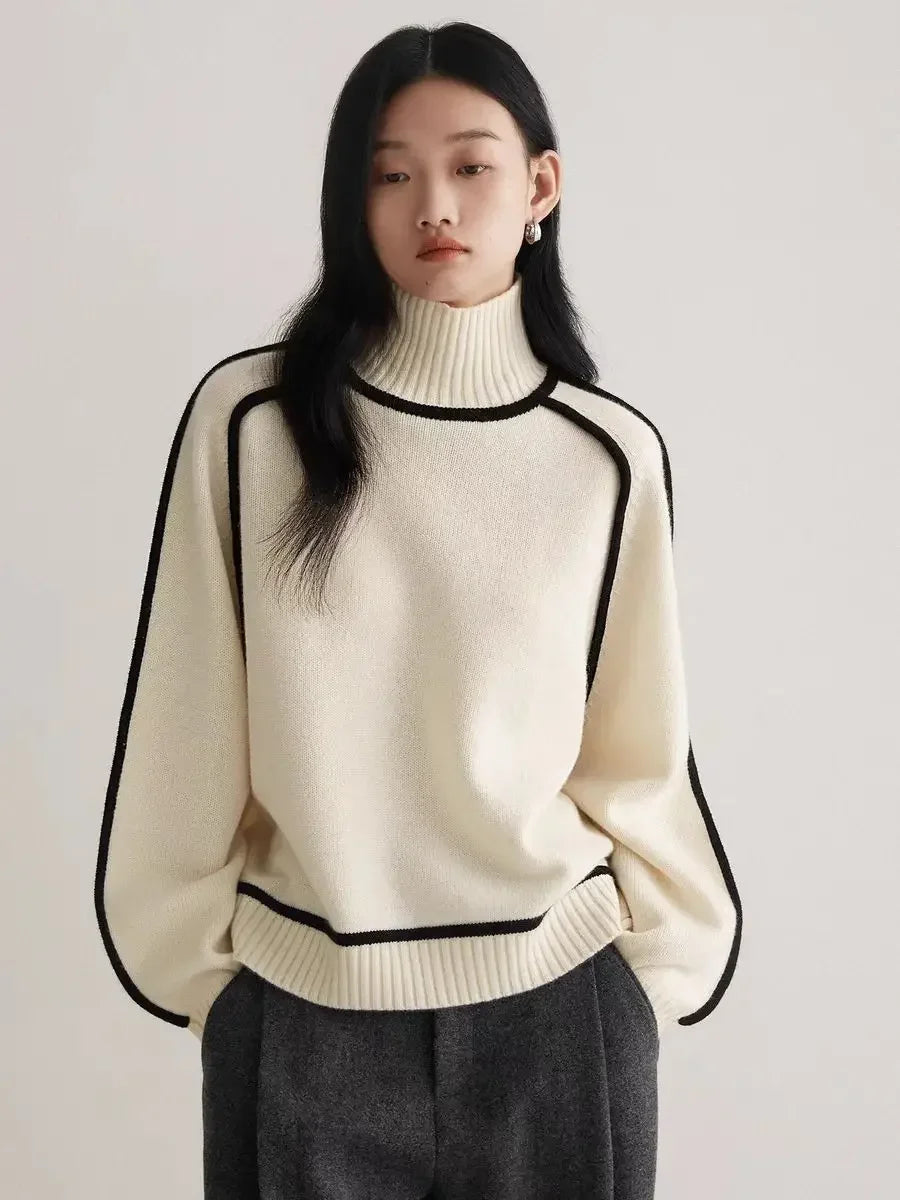 Contrast Seam Relaxed Turtleneck Sweater