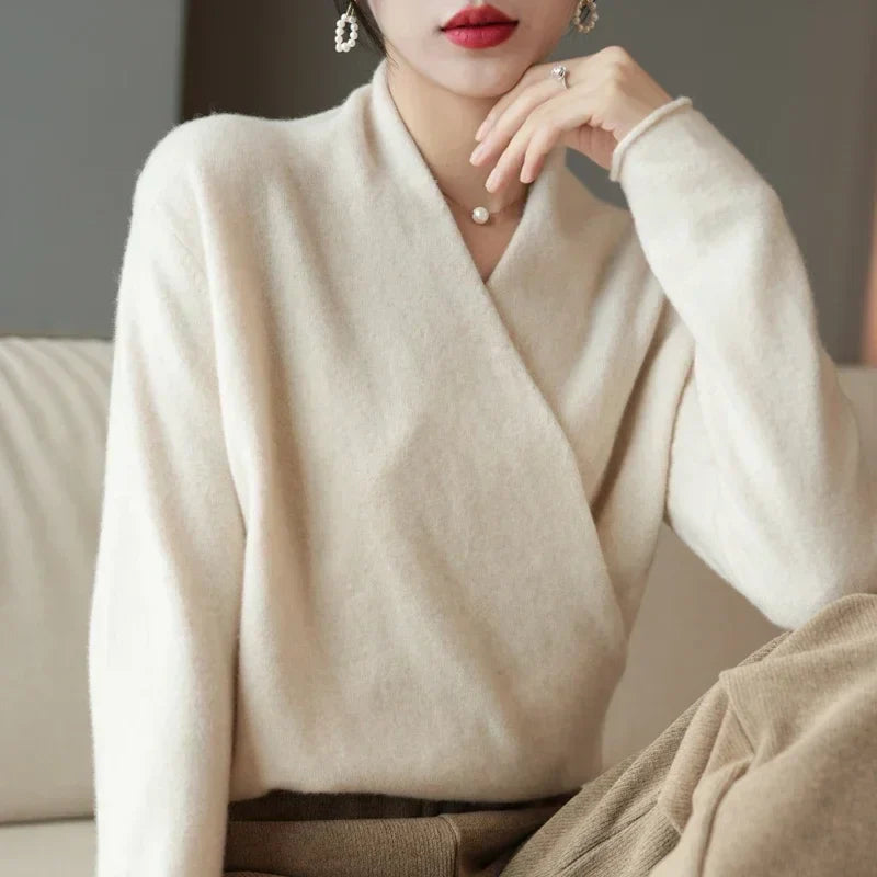 Cross-Bust Detail Wool Knit Sweater