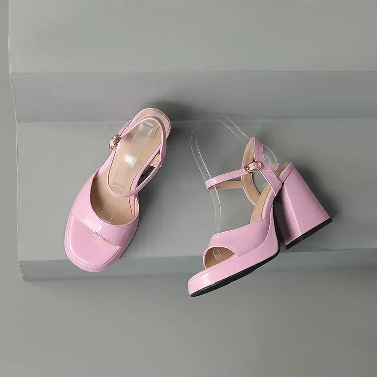 Glossy Patent Block Heel Sandals with Ankle Strap