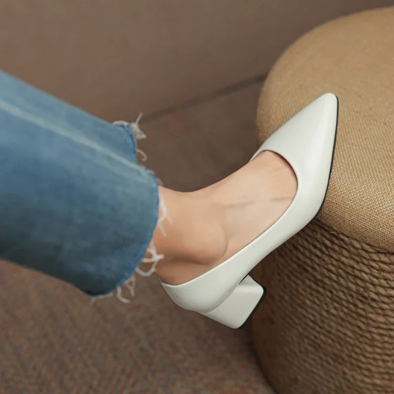 Minimal Block Heel Closed-Toe Leather Pumps