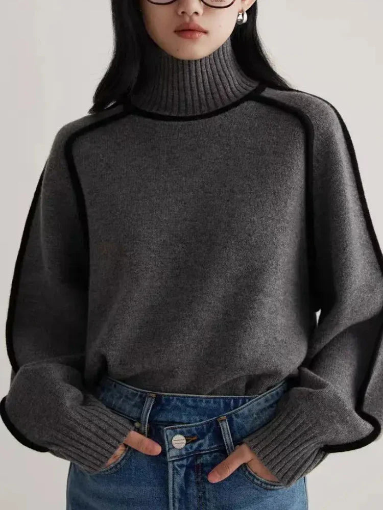 Contrast Seam Relaxed Turtleneck Sweater