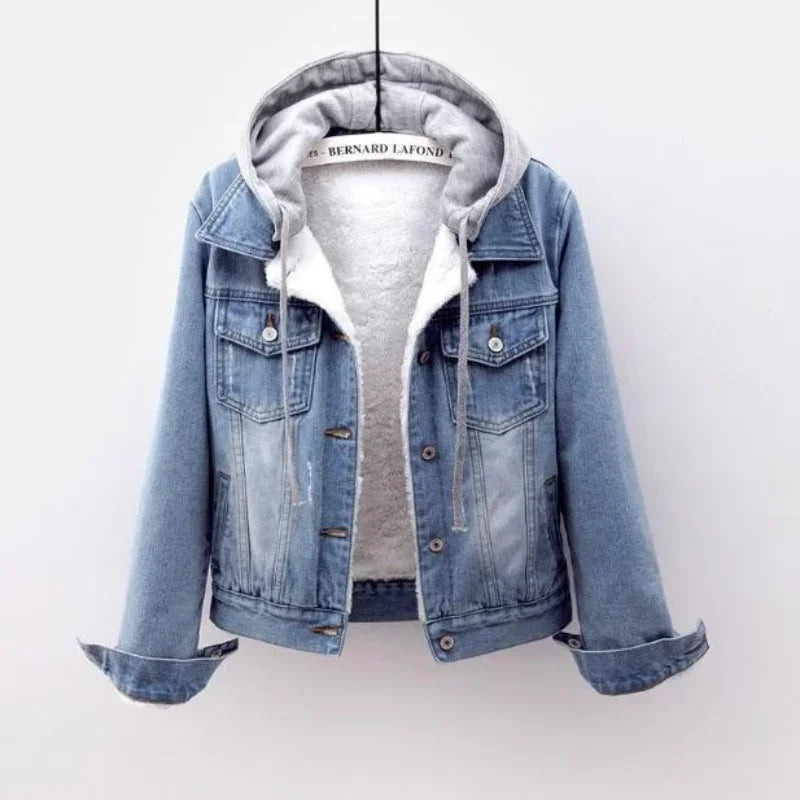 Fleece-Lined Detachable Hood Denim Jacket