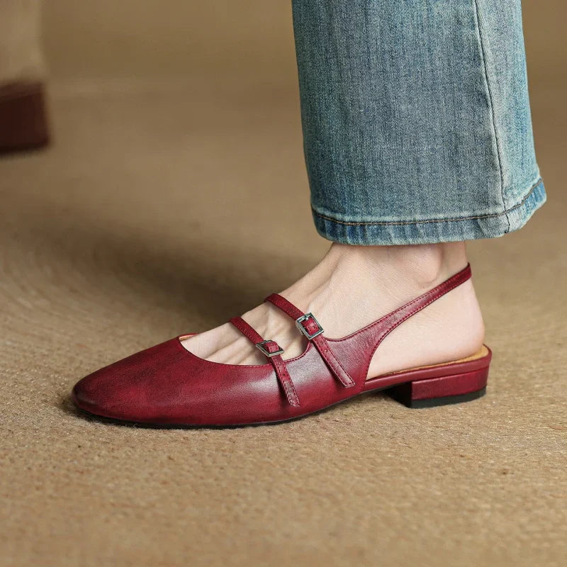 Genuine Leather Double Strap Slingback Ballet Flats