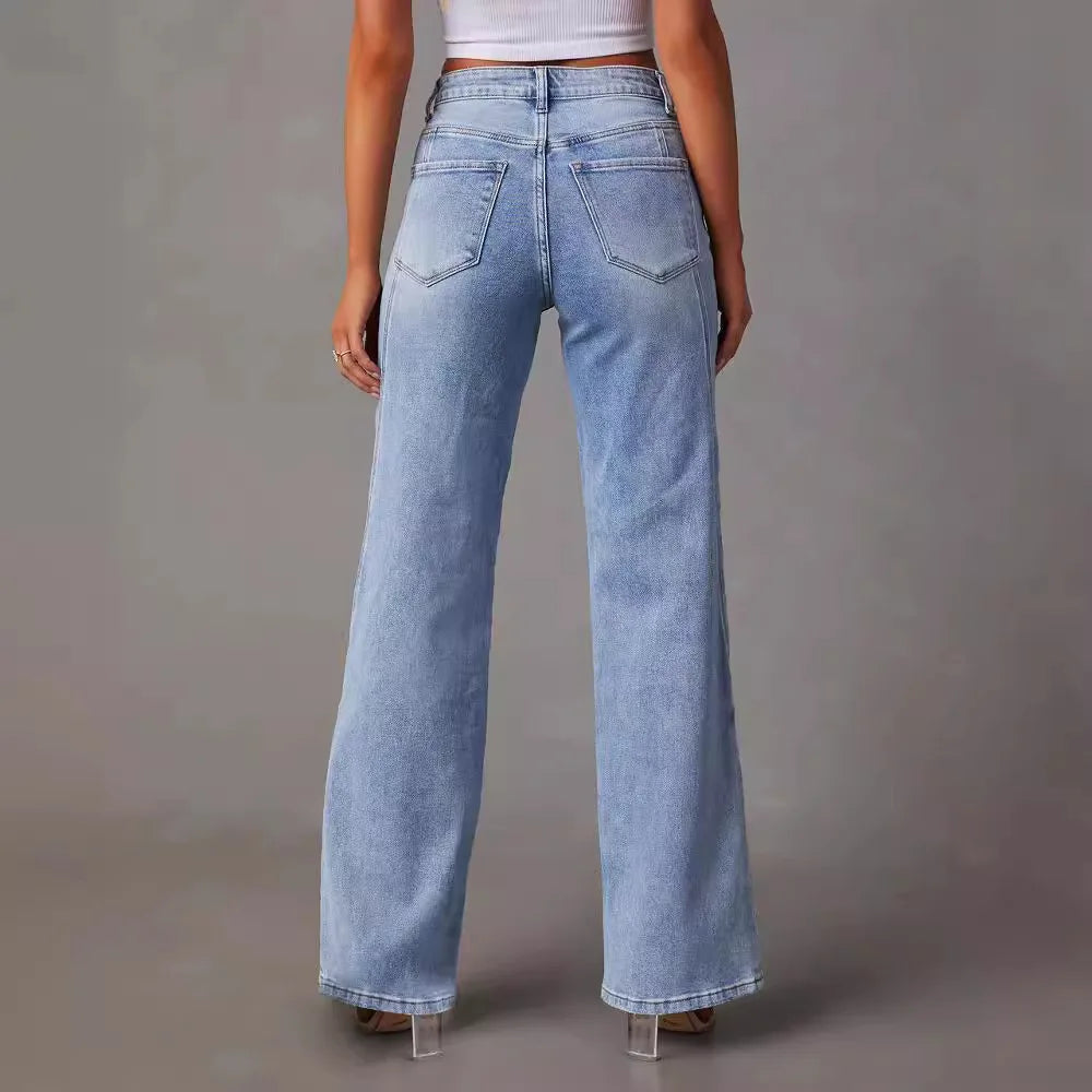 Vintage Wash Striped Wide-Leg Denim Jeans
