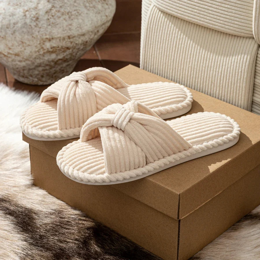 Open-Toe Bow Corduroy Plush Comfort Slippers