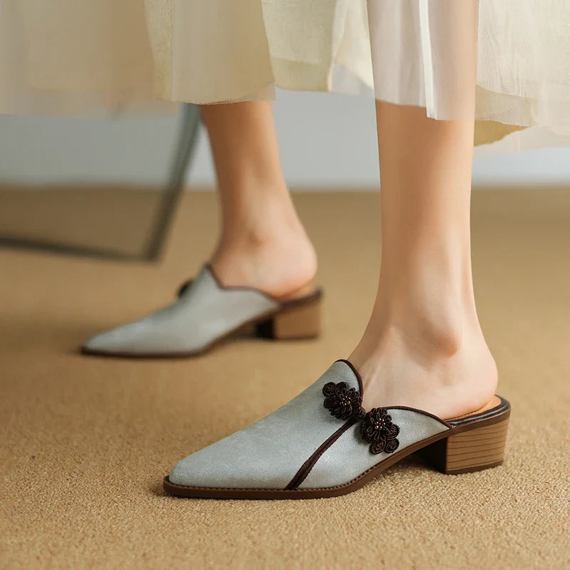 Floral Suede Block Heel Pumps with Pointed Toe