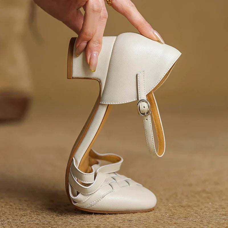 Adjustable Strap Leather Block Heel Sandals