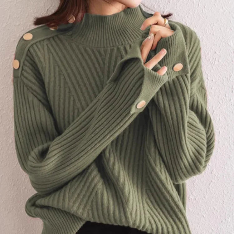 Oversized Ribbed High-Neck Button Sweater