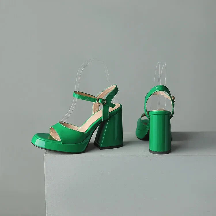 Glossy Patent Block Heel Sandals with Ankle Strap