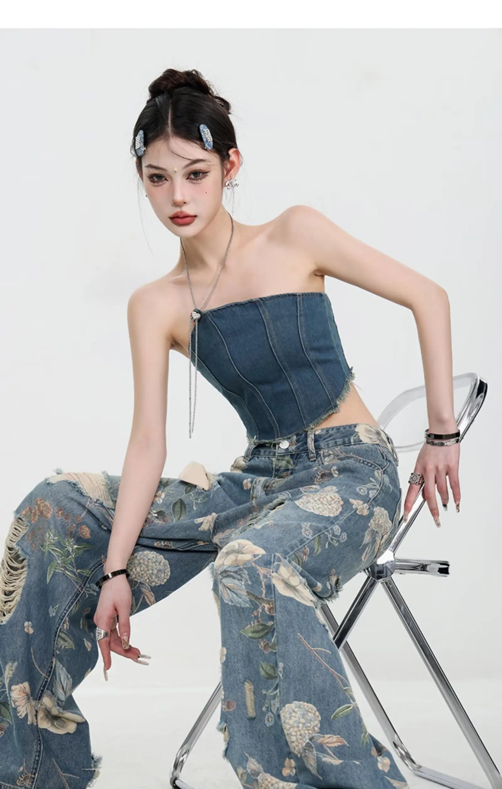Floral Distressed Wide-Leg Denim Jeans