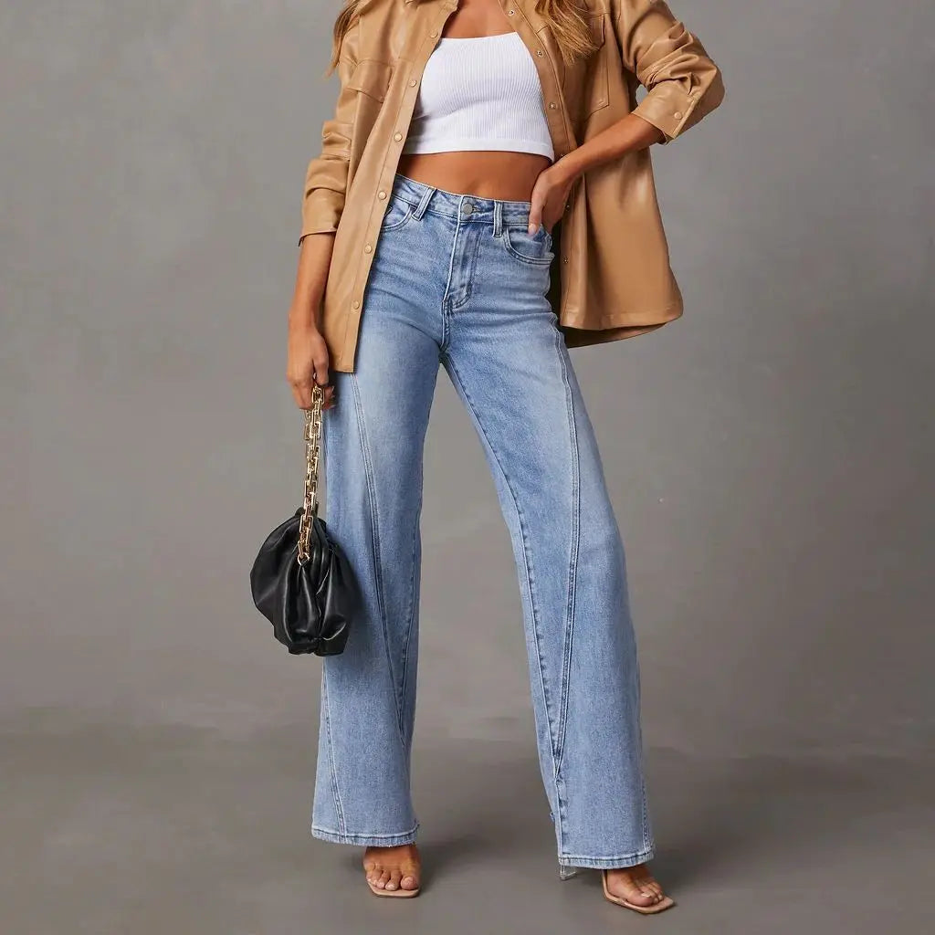 Vintage Wash Striped Wide-Leg Denim Jeans