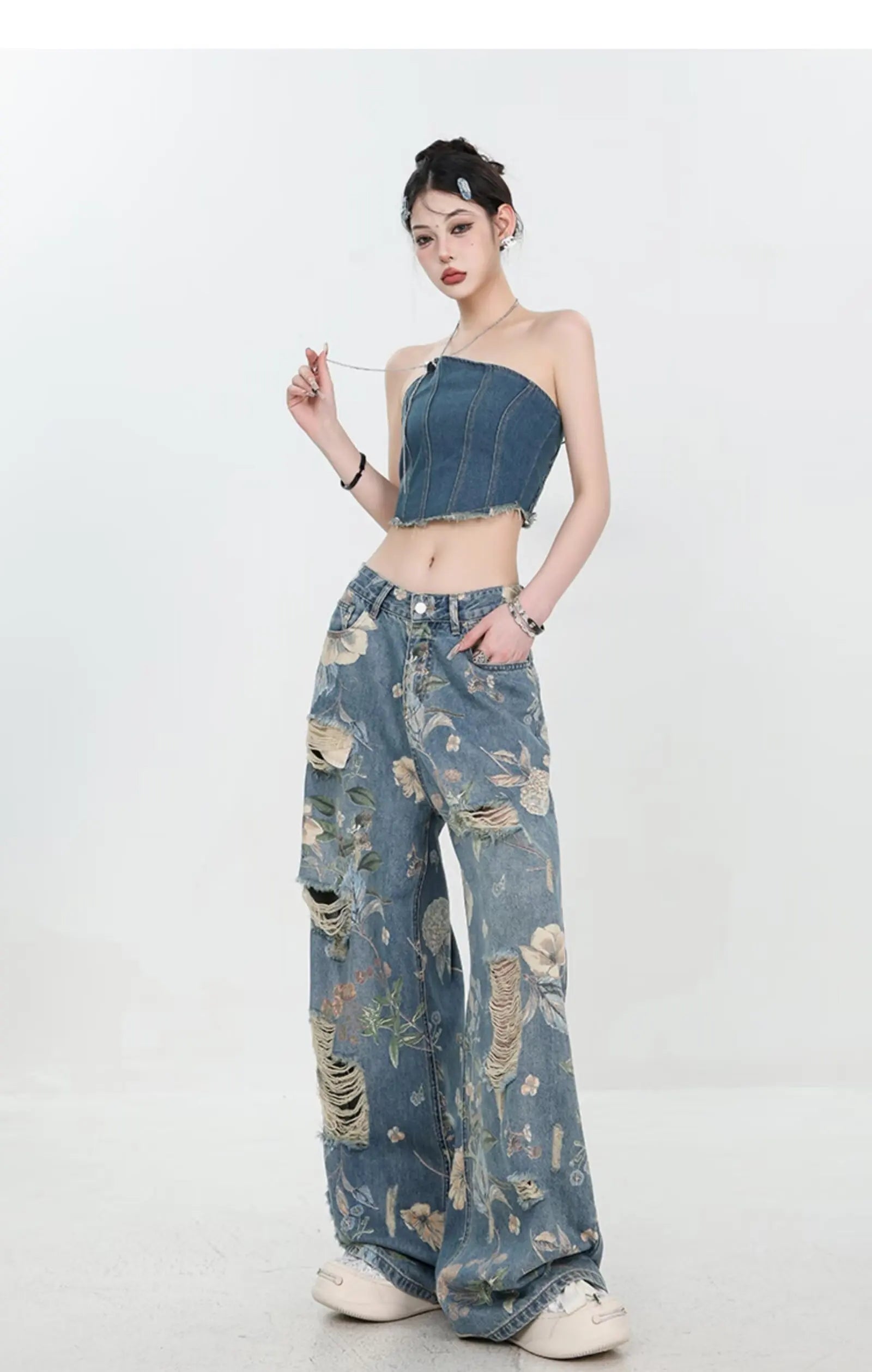 Floral Distressed Wide-Leg Denim Jeans