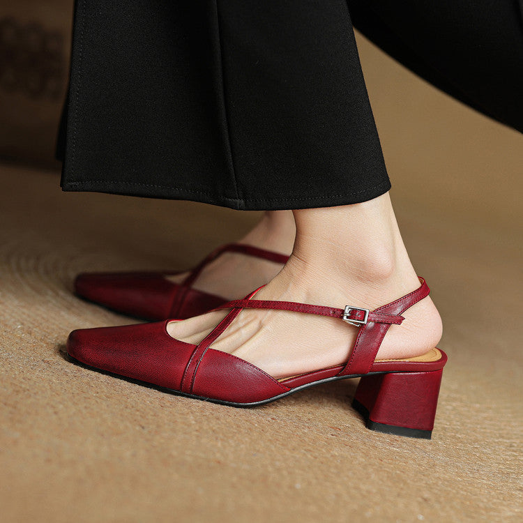 Genuine Leather Closed-Toe Block Heel Pumps
