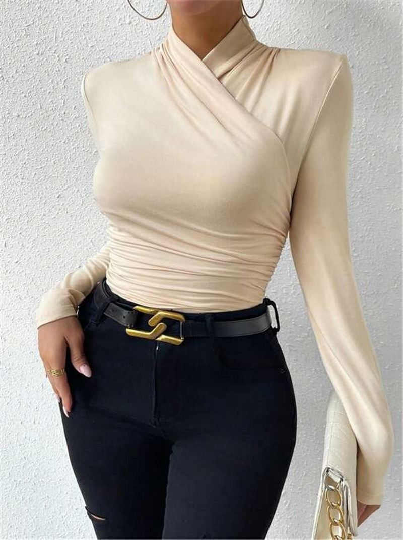 Draped Collar Pleated Waist T-Shirt