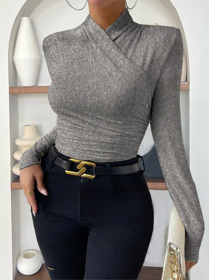 Draped Collar Pleated Waist T-Shirt