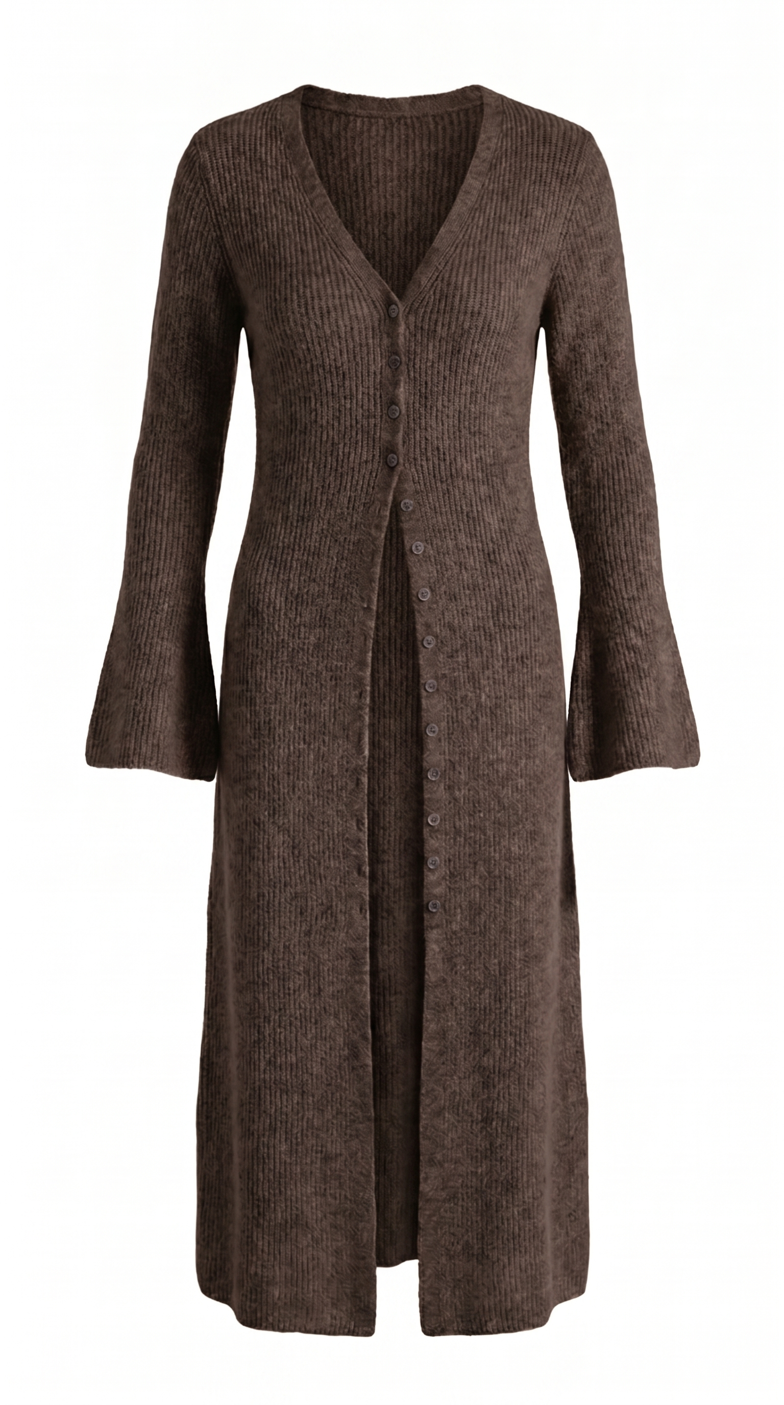 Button Front V-Neck Knit Midi Dress