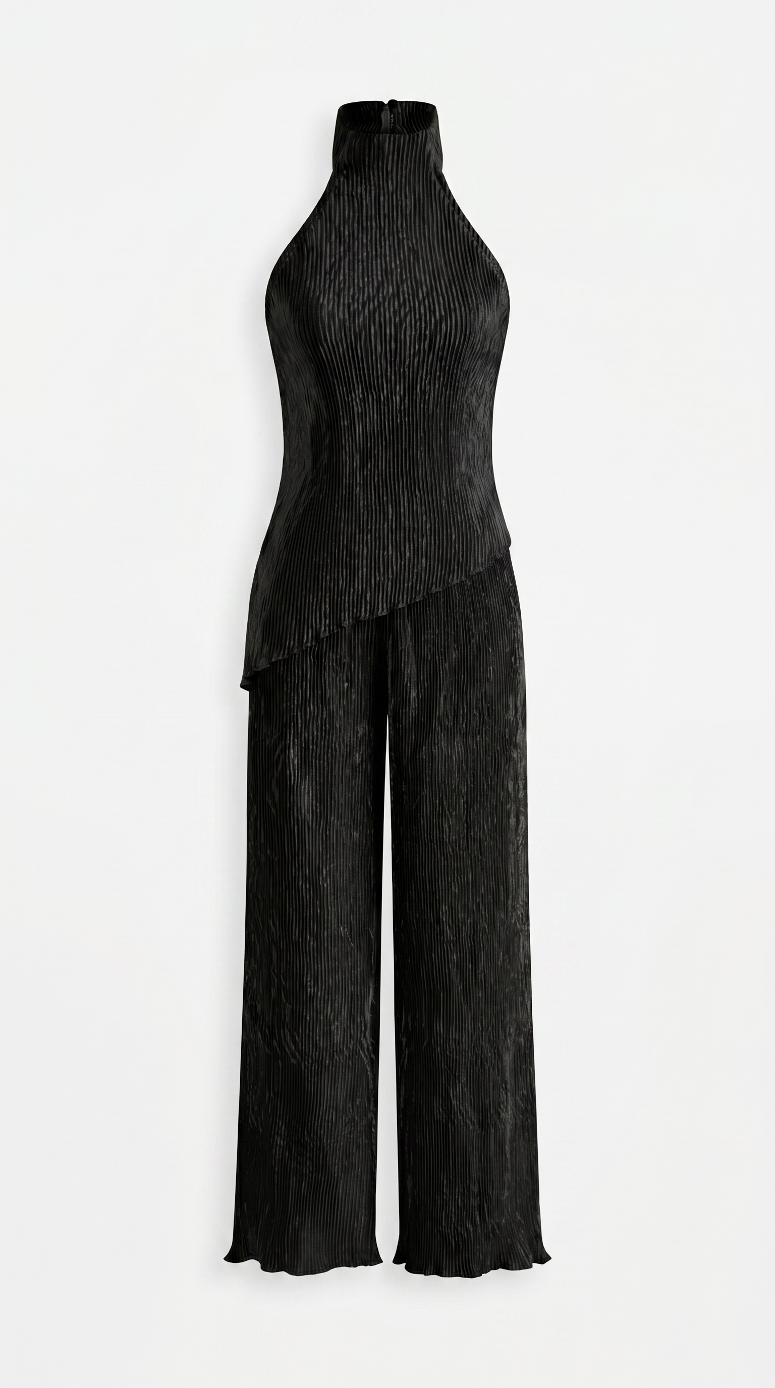 Satin Asymmetric Halter Top & Wide-Leg Pants Co-Ord Set