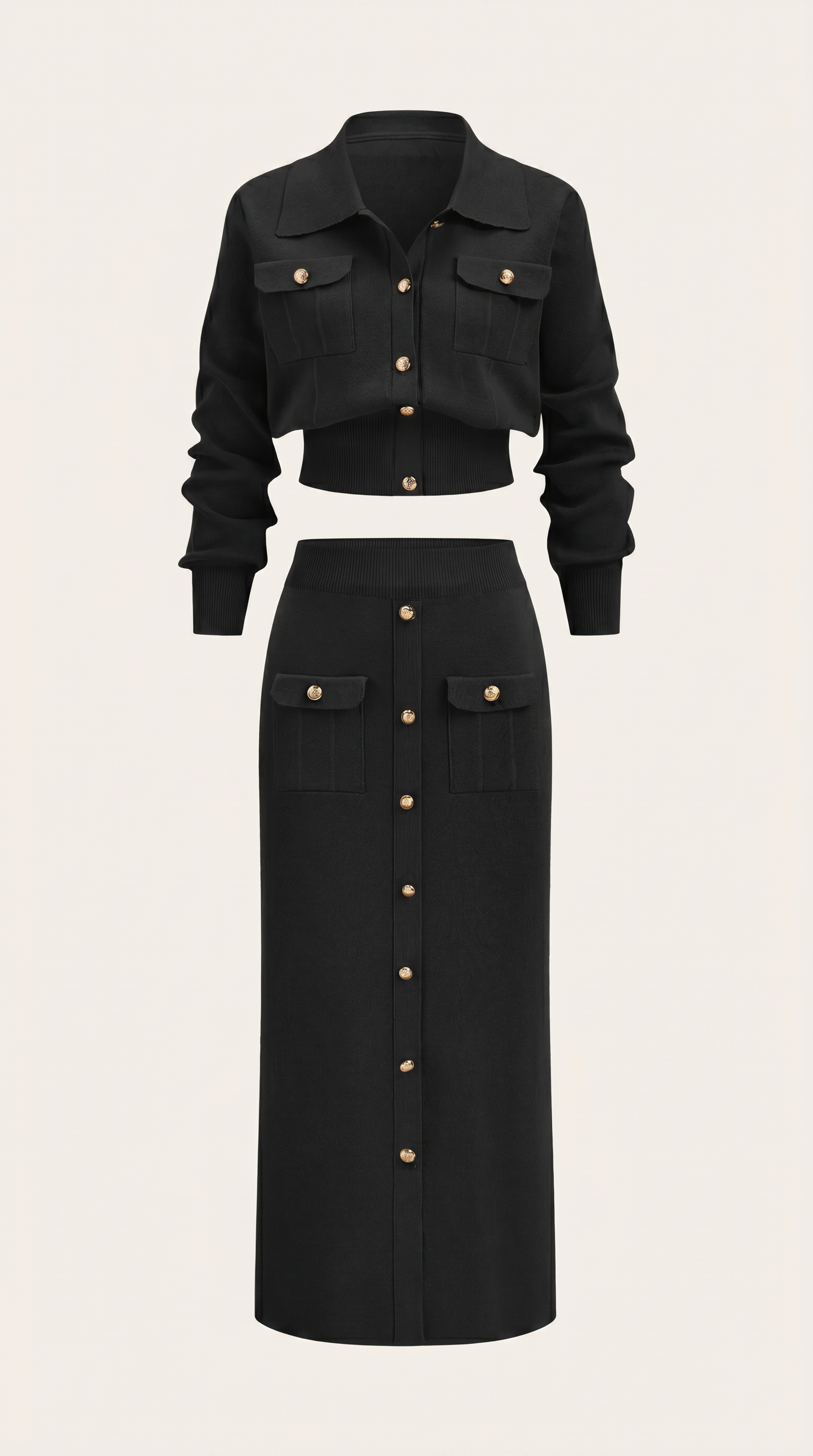 Metal Button Knit Cardigan & Midi Skirt Co-Ord Set