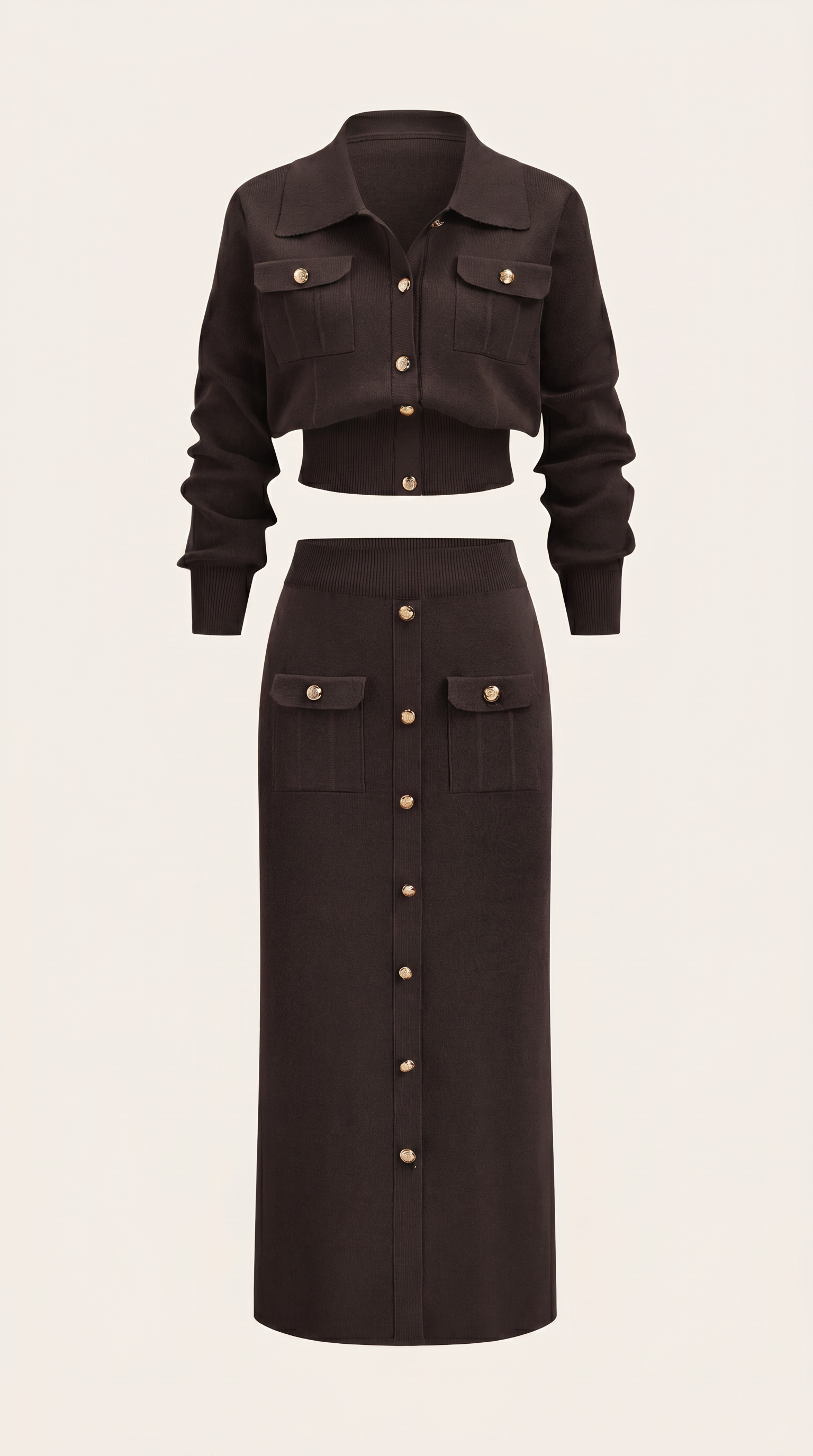 Metal Button Knit Cardigan & Midi Skirt Co-Ord Set
