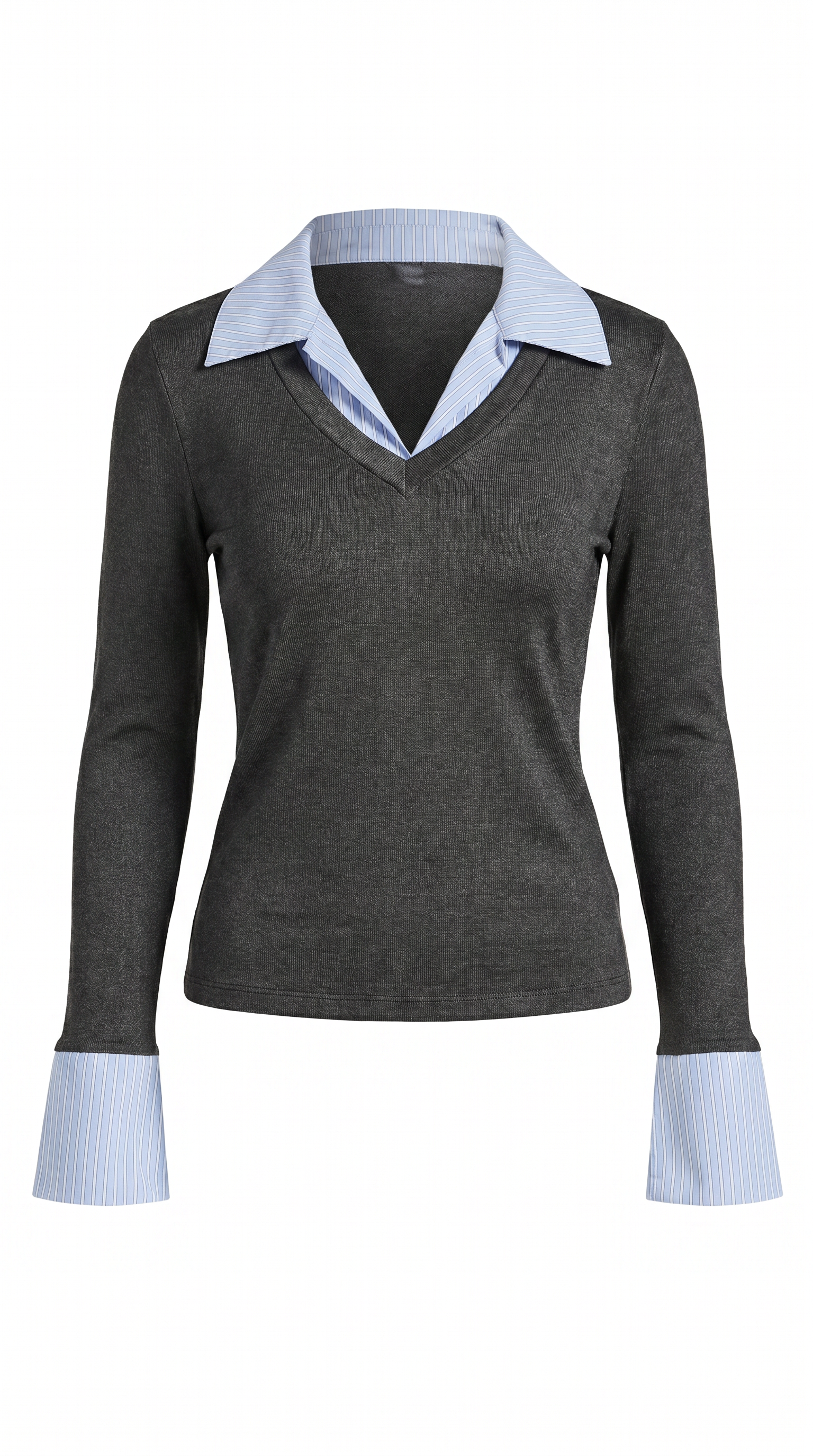 Layered 2-in-1 Ribbed Polo Long Sleeve Topin 1 Polo Shirt