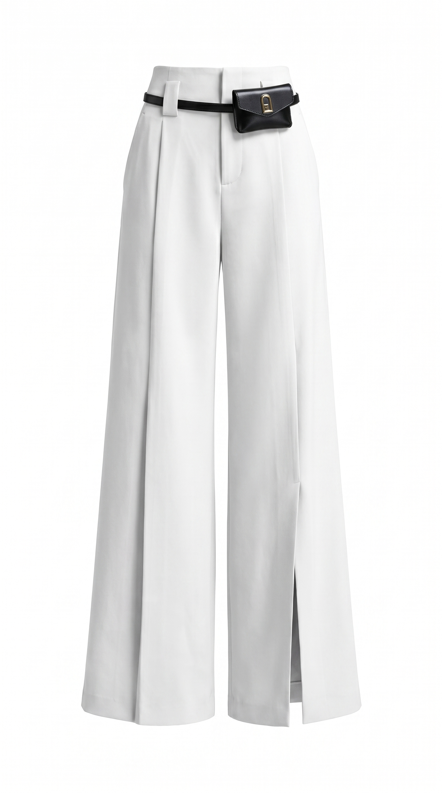 Pleated High-Waist Split Front Wide-Leg Trousers