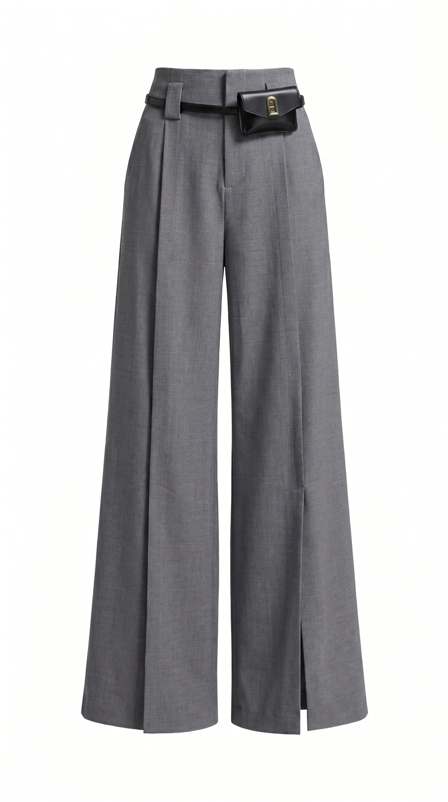Pleated High-Waist Split Front Wide-Leg Trousers