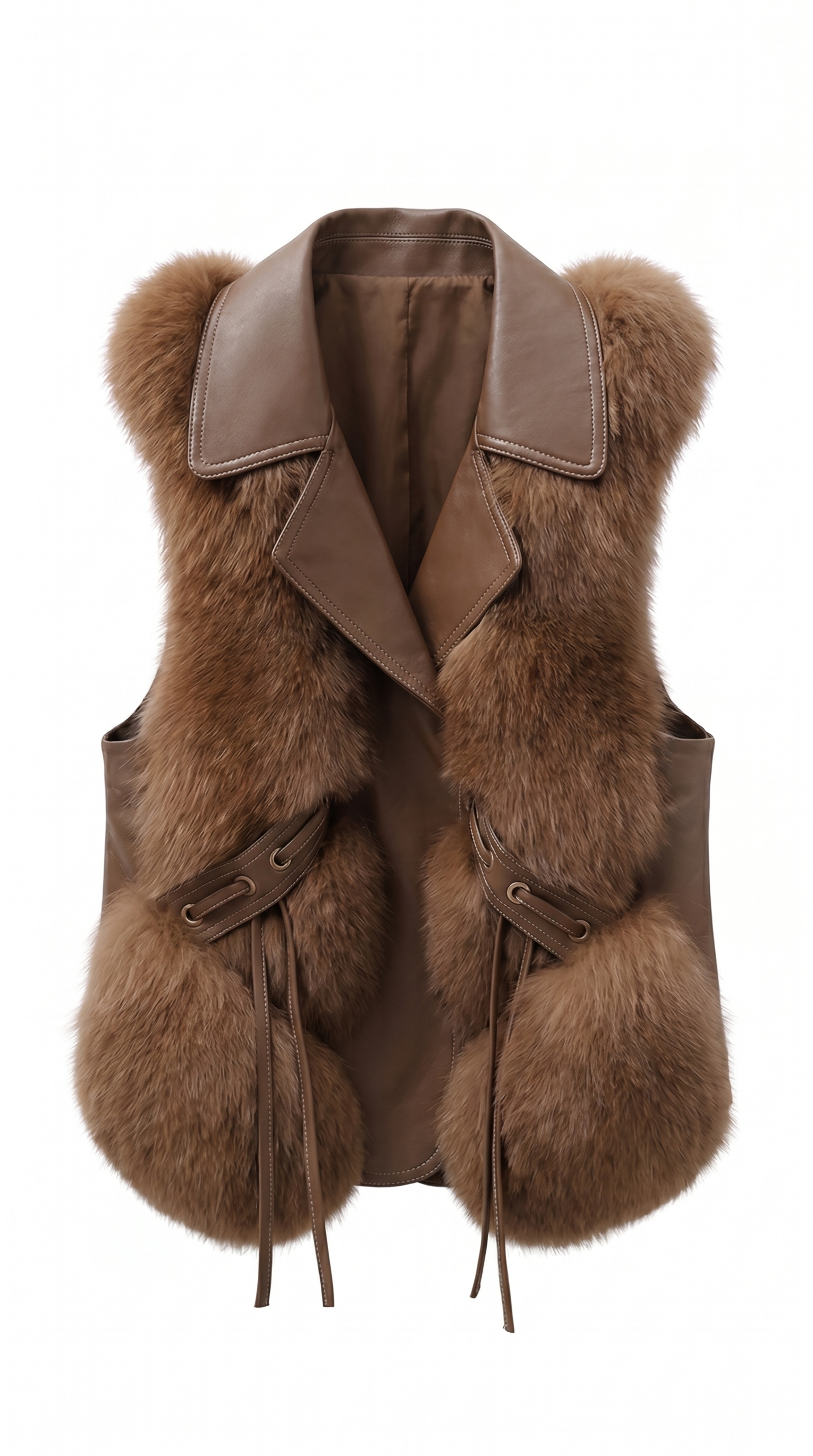Oversized Faux Fur Trim Leather Detail Vest