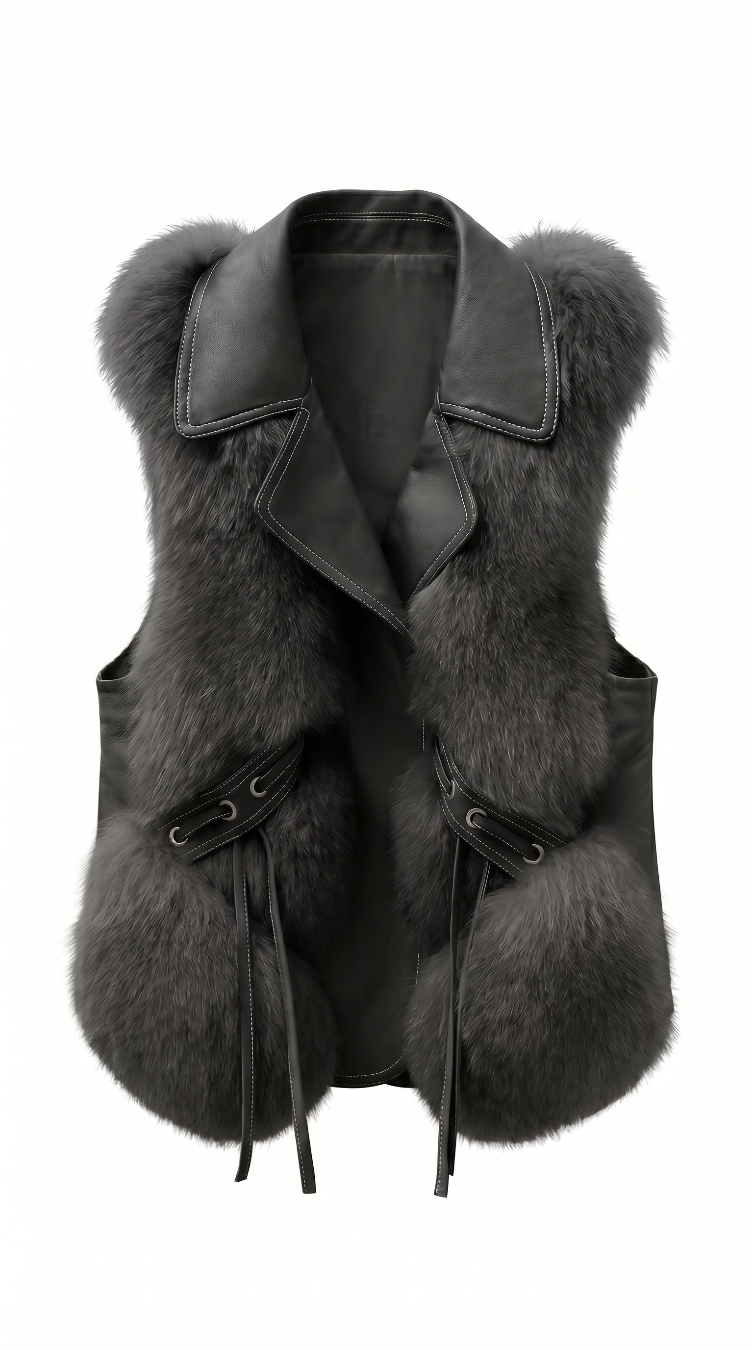 Oversized Faux Fur Trim Leather Detail Vest
