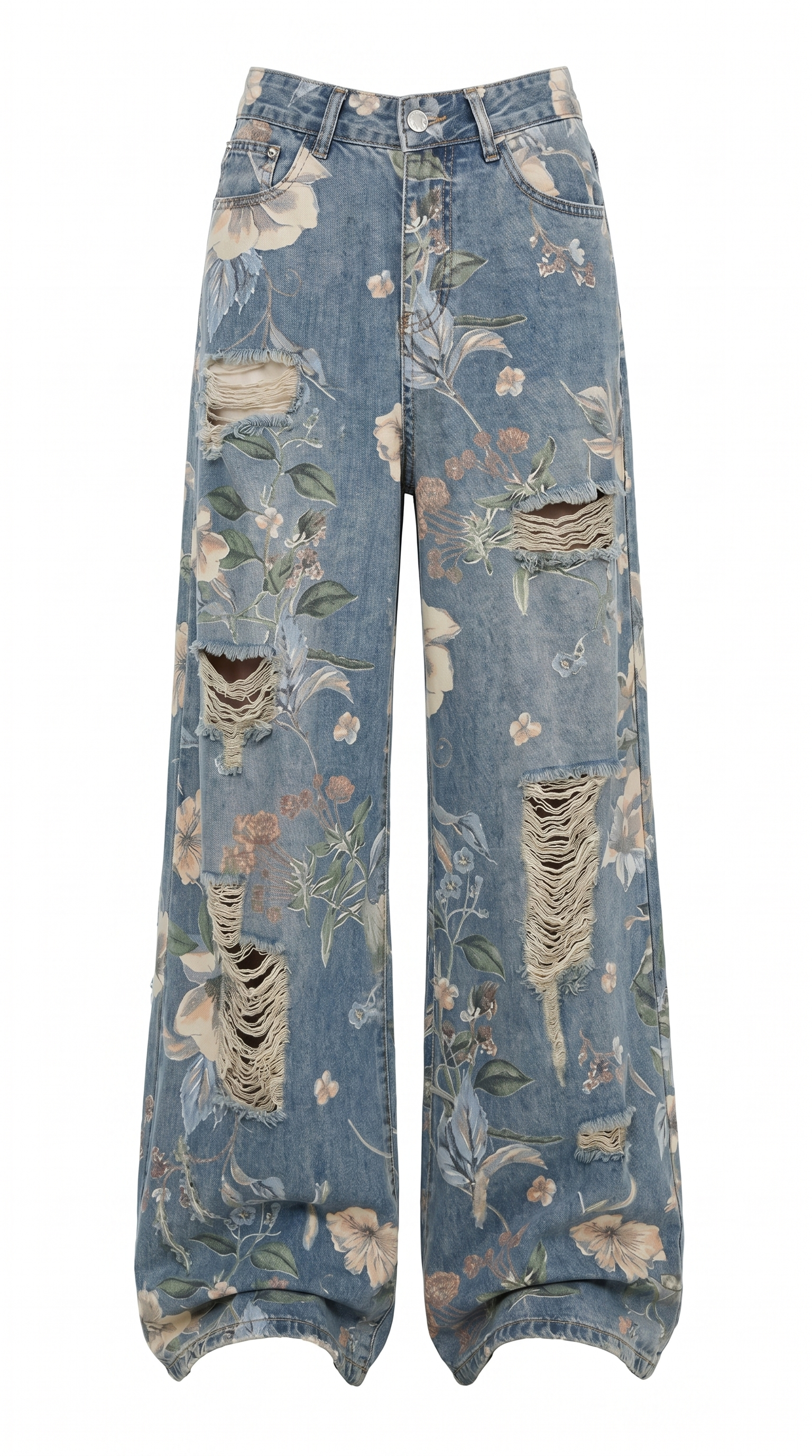 Floral Distressed Wide-Leg Denim Jeans