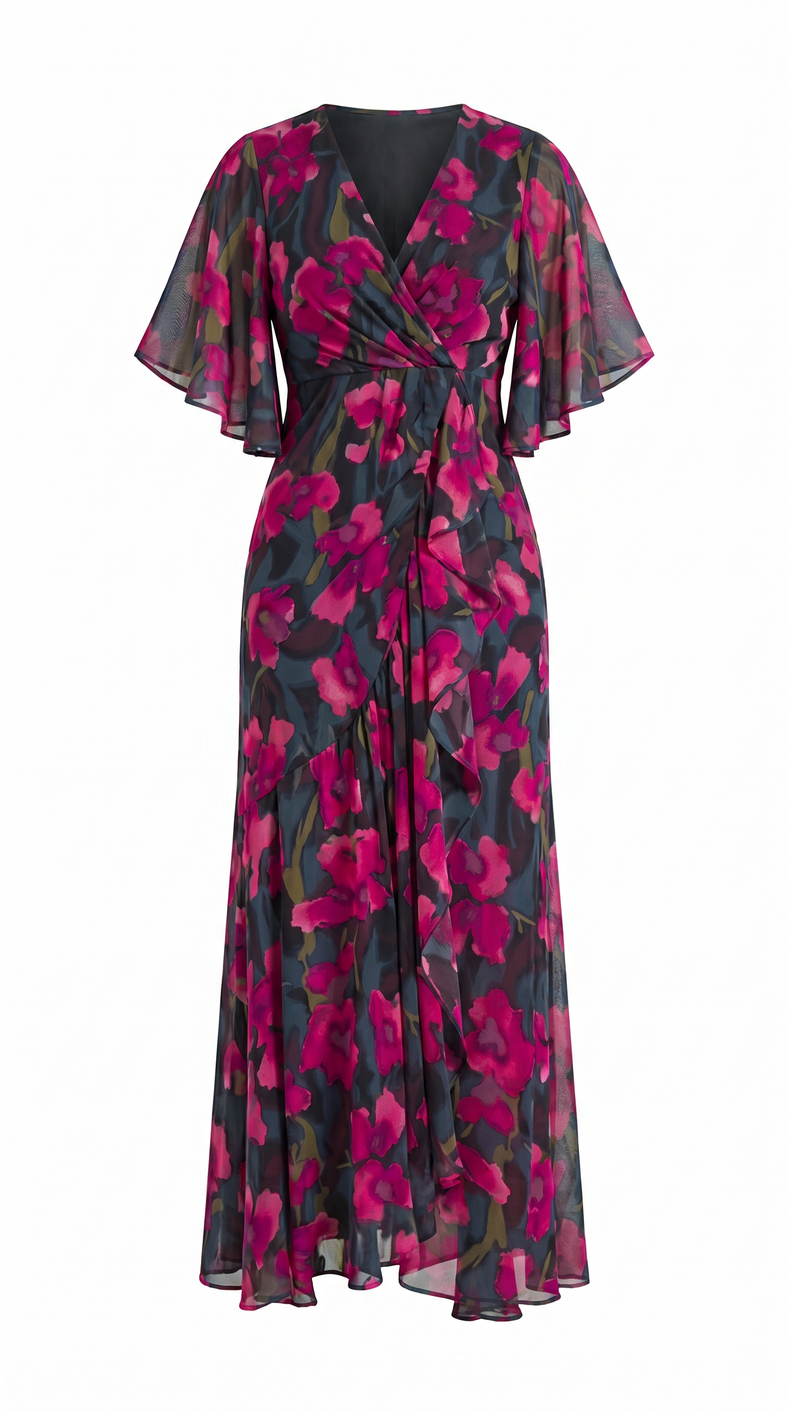 Vintage Floral Trumpet Sleeve V-Neck Midi Dress