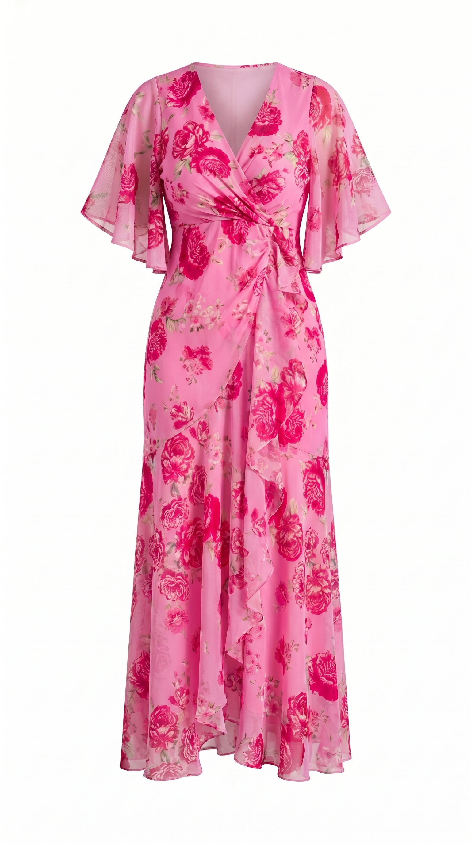 Vintage Floral Trumpet Sleeve V-Neck Midi Dress