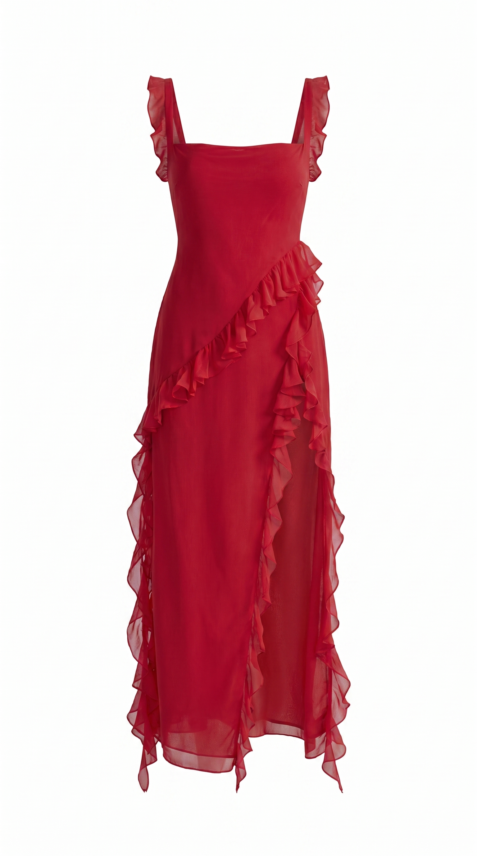 Ruffled Strap Square Neck High Slit Georgette Maxi Dress