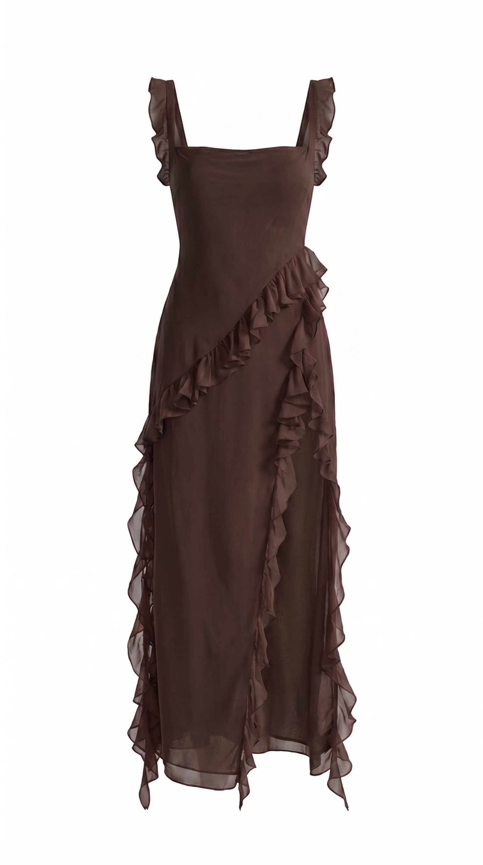Ruffled Strap Square Neck High Slit Georgette Maxi Dress