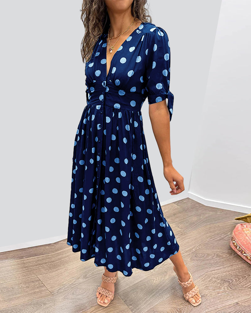 Polka Dot V-Neck Button-Front Dress