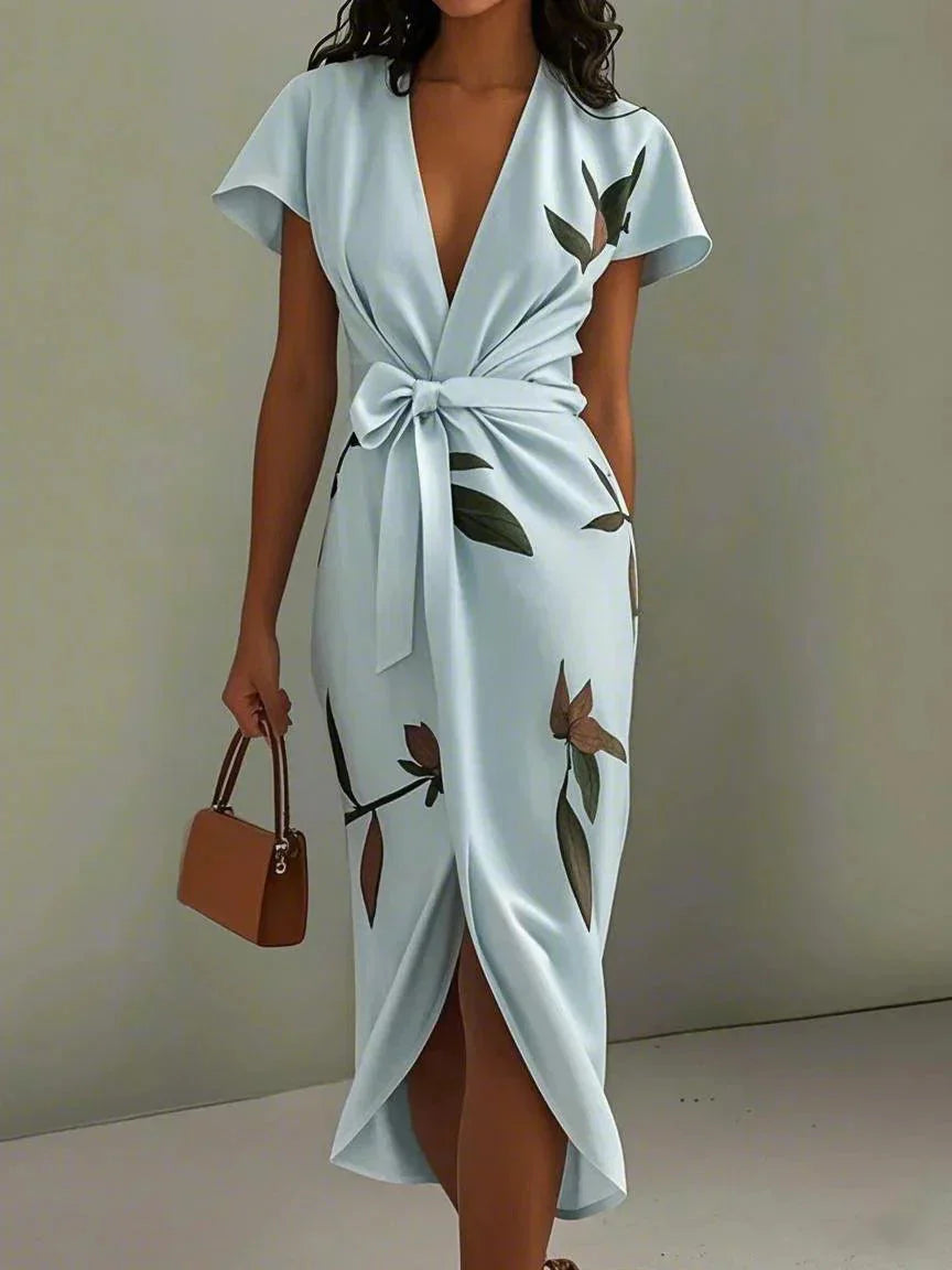 Belted V-Neck Wrap Midi Dress
