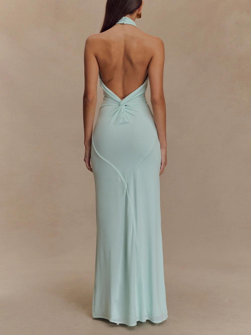 Ruched Open-Back Halter Maxi Dress