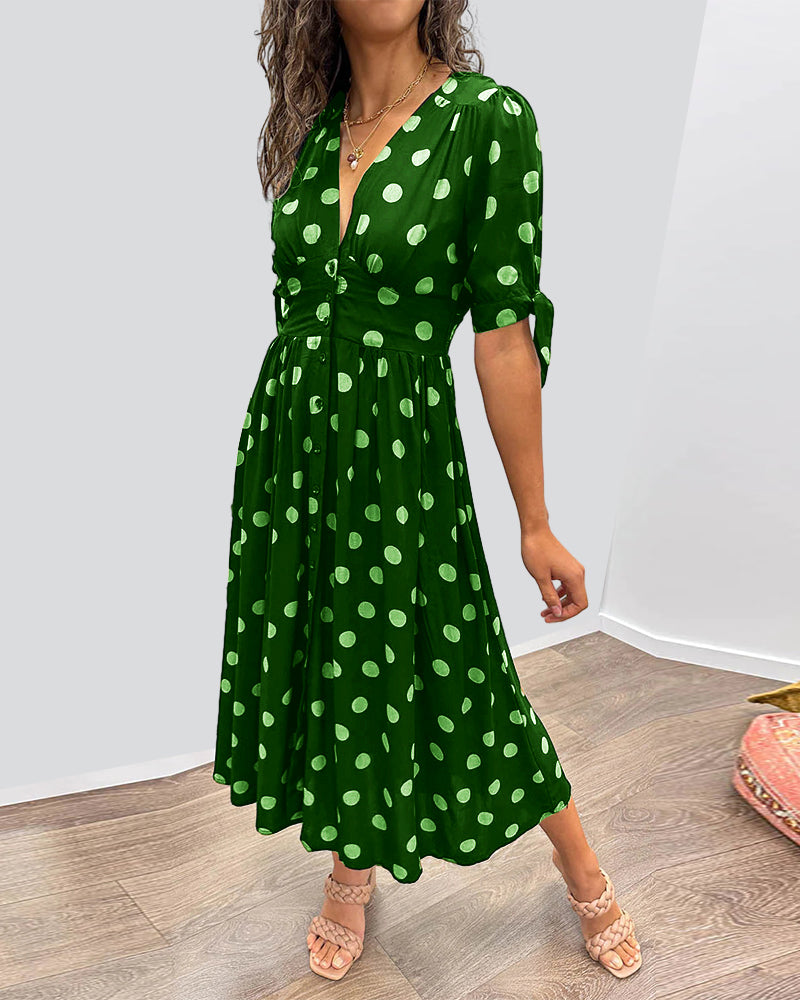 Polka Dot V-Neck Button-Front Dress