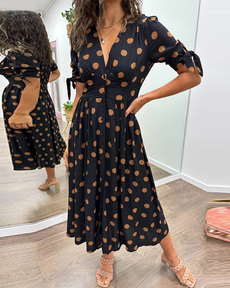 Polka Dot V-Neck Button-Front Dress