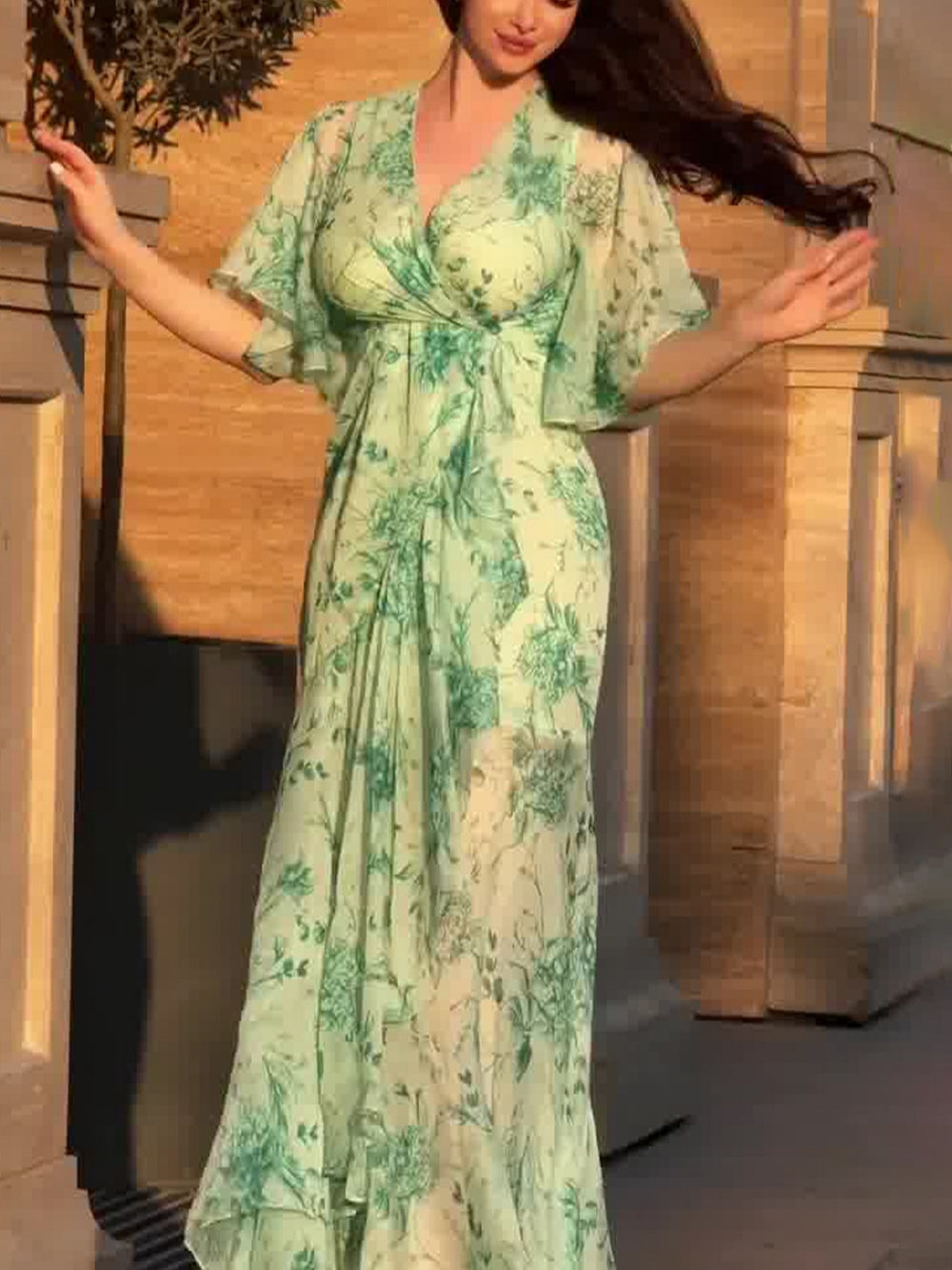 Vintage Floral Trumpet Sleeve V-Neck Midi Dress