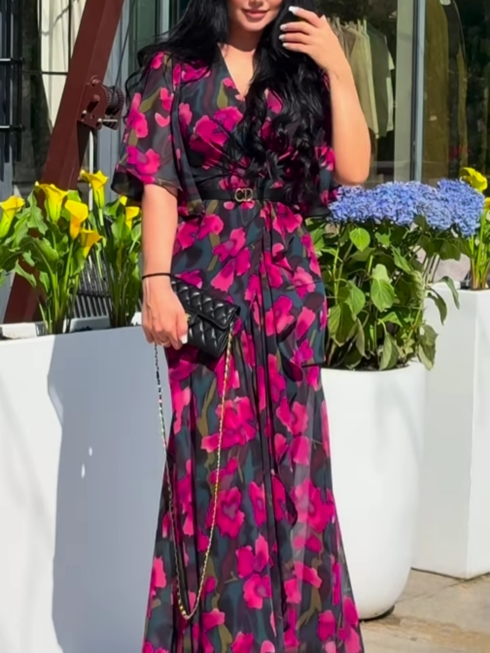 Vintage Floral Trumpet Sleeve V-Neck Midi Dress