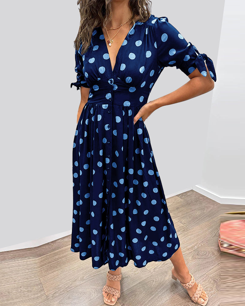 Polka Dot V-Neck Button-Front Dress