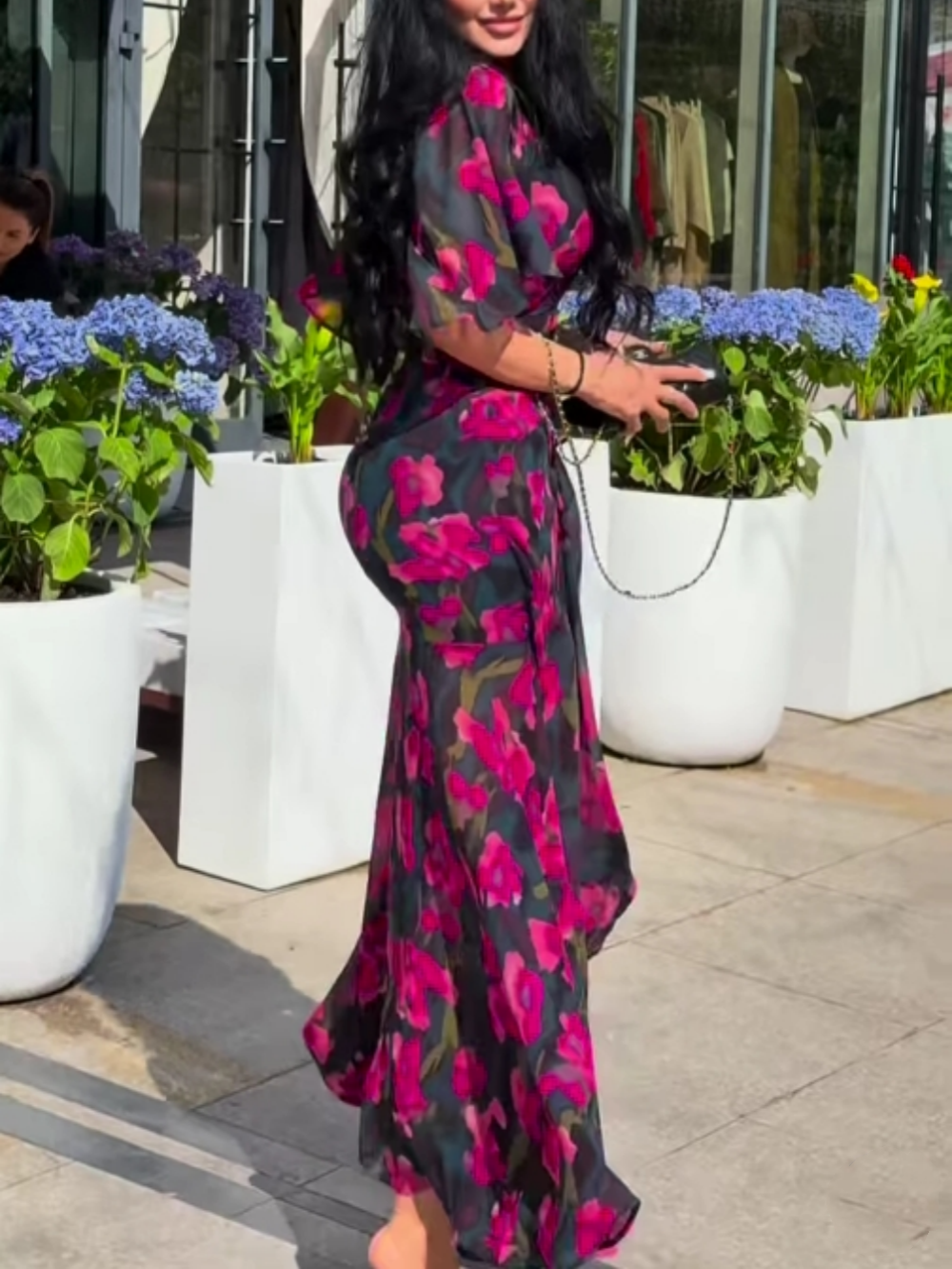 Vintage Floral Trumpet Sleeve V-Neck Midi Dress