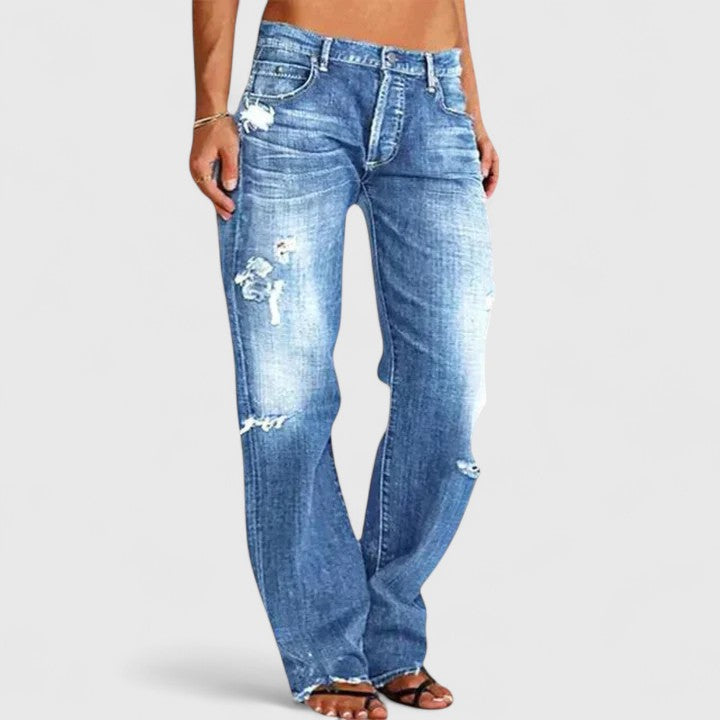 Low-Rise Distressed Straight Leg Denim Jeans