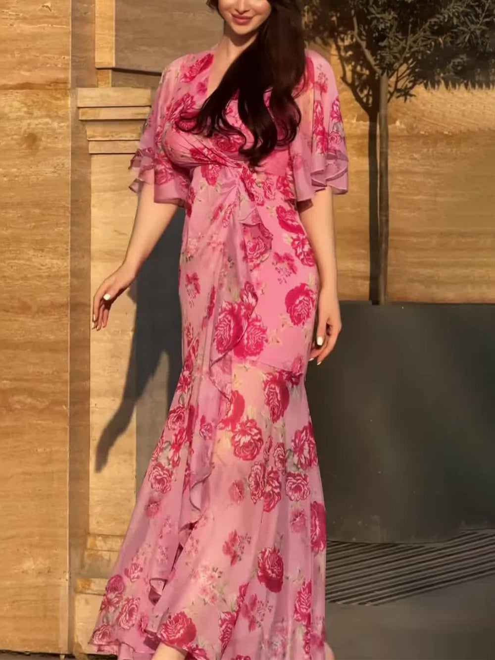 Vintage Floral Trumpet Sleeve V-Neck Midi Dress