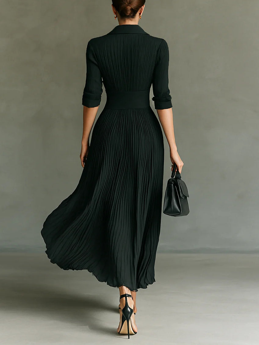 Tailored Pleated Belted Maxi Shirt Dress